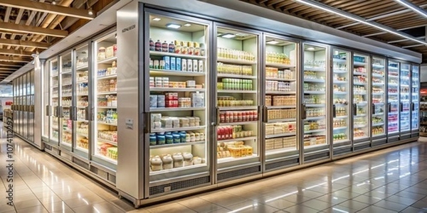 Fototapeta Long Open Fridge Showcasing a Variety of Cream Products on Shelves in a Modern Superstore Setting with Bright Lighting and Clear Visibility of Items