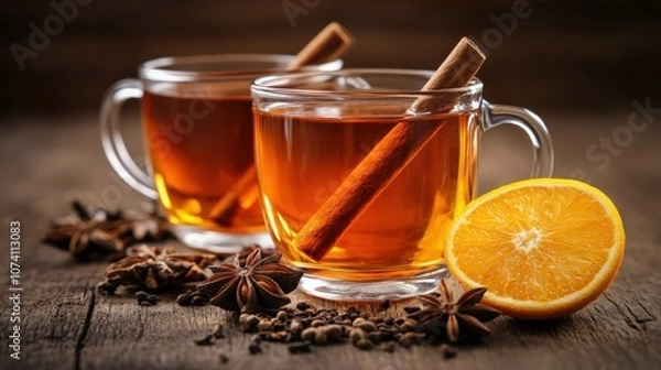 Fototapeta Warm Spiced Beverage with Cinnamon and Orange Slices in Cozy Setting