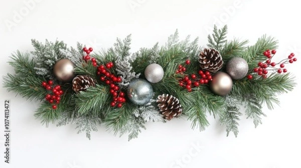 Obraz Elegant Holiday Centerpiece with Pine, Berries, and Ornaments