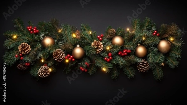 Obraz Elegant Holiday Garland with Pinecones and Ornaments on Black Background