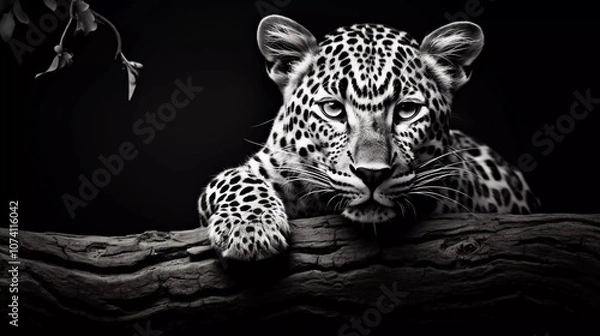 Fototapeta A striking black and white image of a leopard resting on a branch, showcasing its intense gaze.