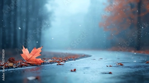 Fototapeta Autumn leaves fall gently on a rain-slicked road creating a serene nature scene