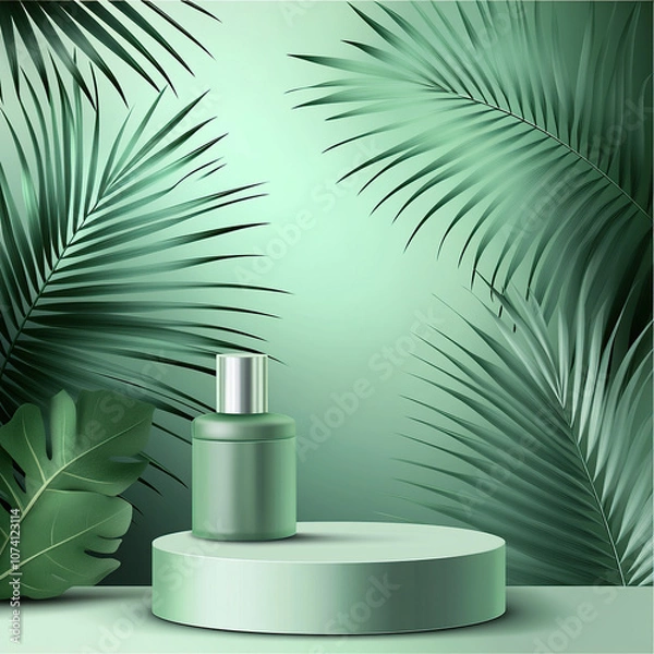 Fototapeta Abstract background with a green podium and palm leaf for product presentation, cosmetic mock-up
