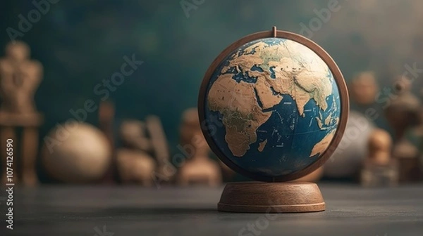 Fototapeta Globe on wooden stand, representing world geography and exploration.
