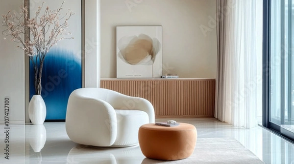 Fototapeta white Japandi style minimalist interior design with stylish armchair