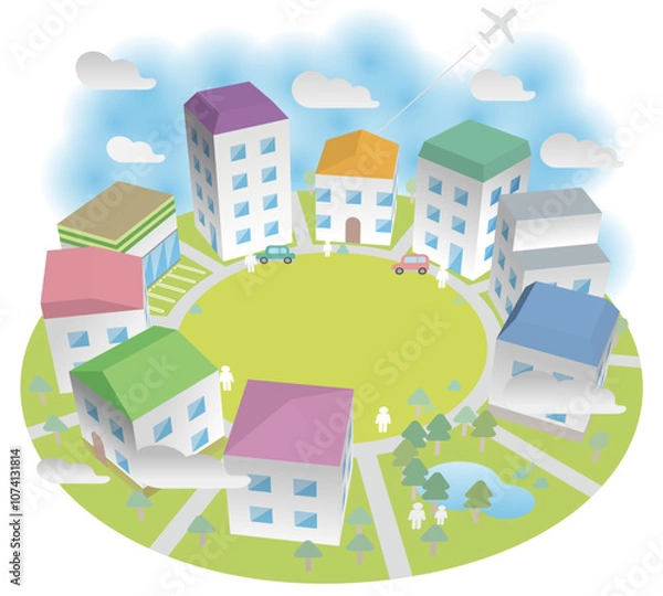 Obraz 円形に並ぶ立体的な町並みと人々の暮らし　ベクターイラストレーション