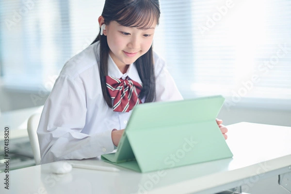 Obraz タブレット端末で授業を受ける女子中学生