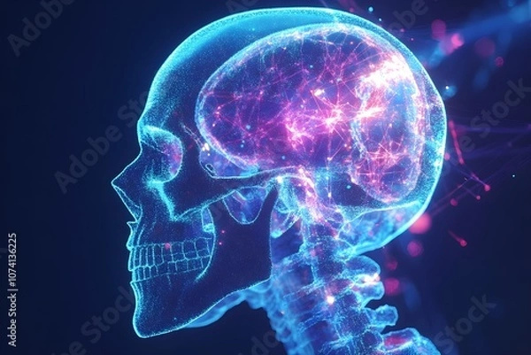 Obraz A human skull rendered in hologram style, set against a dark blue background