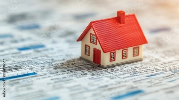 Fototapeta Miniature House Model on a Document with Financial Data, Symbolizing Real Estate Investment and Housing Market Trends for Buyers and Investors