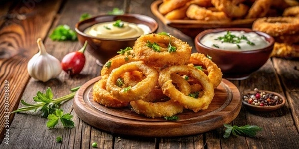 Fototapeta Closeup of Golden Crispy Onion Rings with Seasonings and Creamy Dipping Sauce in Rustic Low Light Setting