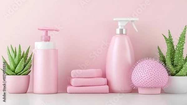 Fototapeta Elegant Display of Pink Skin Care Products with Soft Towels and Cute Succulents on a Light Pink Background for a Relaxing Spa Atmosphere