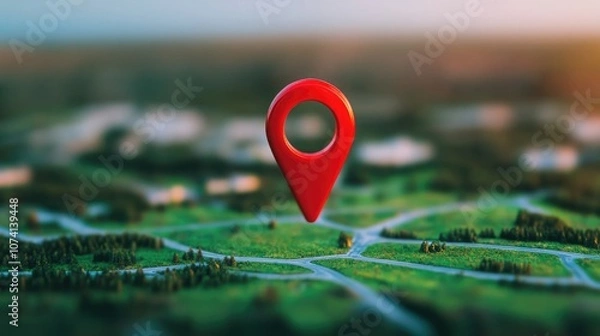 Fototapeta A vibrant red location pin stands on a green landscape, symbolizing navigation and map technology amidst a serene outdoor backdrop.