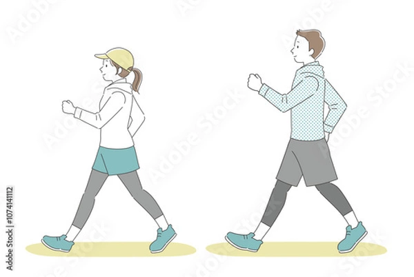Fototapeta ウォーキングする男女のシンプルイラスト