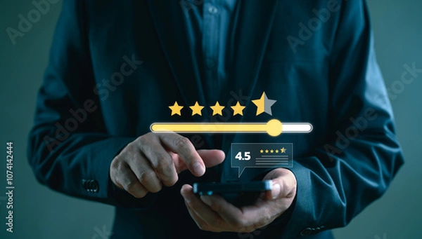 Fototapeta Customer Satisfaction Survey concept, 4.5-star satisfaction, service experience rating online application, customer evaluation product service quality, satisfaction feedback review, good quality most.
