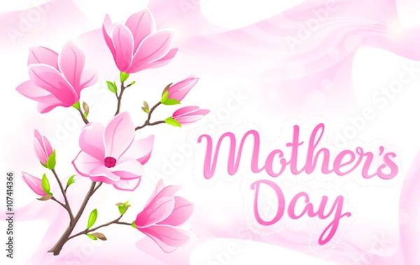 Obraz VECTOR eps 10. For Mother's day and international women's day with Magnolia branch! Pink abstract template. Elegant waves of silk for cute background. Flecks of sunlight on pink silk

