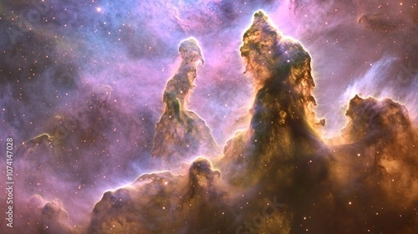 Fototapeta A kaleidoscopic celestial tapestry, where a beautiful and colorful space with many stars and a purple cloud swirls in cosmic harmony, Iridescent stellar nurseries burst with newborn suns, while