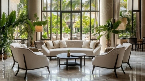 Fototapeta Modern Lounge Area with a View of Lush Greenery