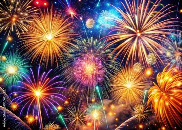 Obraz Stunning Macro Photography of Bright Fireworks Bursting in a Night Sky, Vivid Colors and Explosive Patterns Captured in Detail for Festivals and Celebrations
