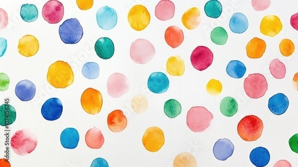 Fototapeta Watercolor confetti in vibrant colors on a white background Cheerful dots for festive celebrations Isolated colorful polka dots create an abstract artistic theme Hand painted design