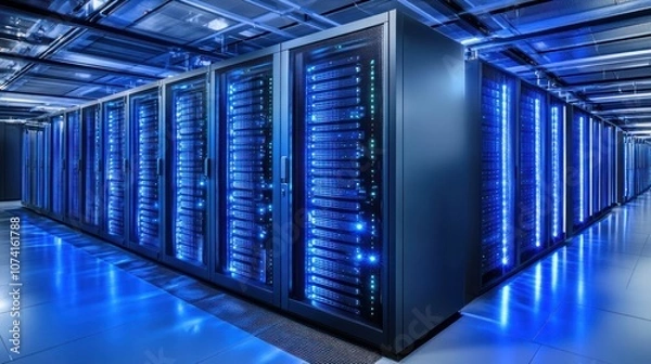 Obraz Illustration of a modern server room, a corridor in a data center with supercomputer racks, neon lights and coolers. Ai generated image