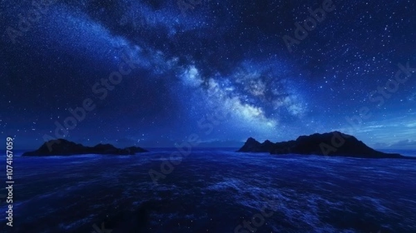 Fototapeta Panorama of a blue night sky featuring the Milky Way and numerous stars against a dark backdrop captured with long exposure and adjusted white balance in a 3D cartoon rendering