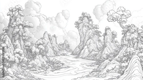 Fototapeta Realistic line art of mountain scenery with trees and rivers, detailed but minimalist on white