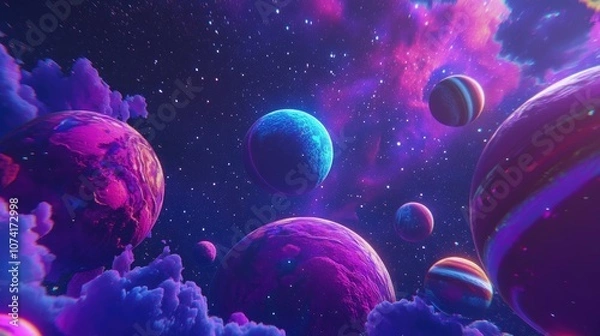 Fototapeta Cosmic space fantasy featuring planets and galaxy in a 3D cartoon rendering