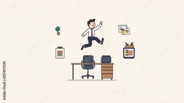 Fototapeta Joyful Leap of Success: A stylized illustration of a businessman joyfully leaping over his desk, symbolizing overcoming challenges and achieving success.