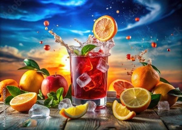 Fototapeta Surreal Citrus Delight: Vibrant Campari Amalfi with Ice and Fresh Citrus, Dreamy Background, Refreshing Drink, Colorful Presentation, Artistic Composition