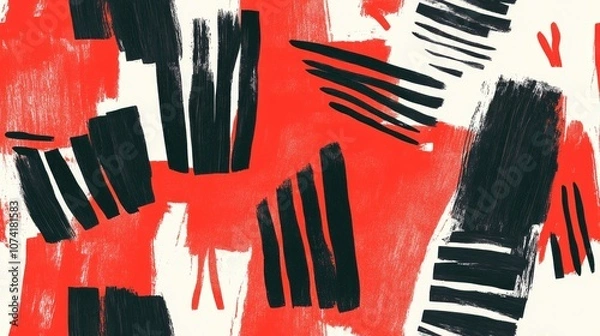 Fototapeta Seamless pattern of bold red acrylic and charcoal hand drawn lines perfect for textile design and creative projects