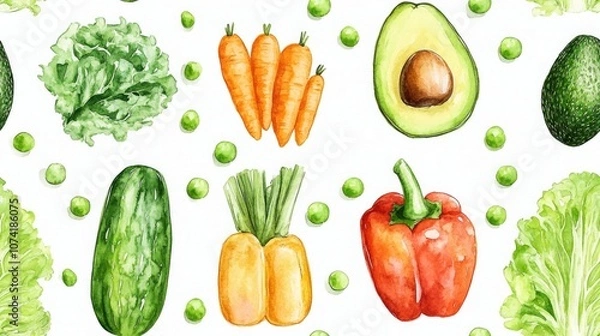 Fototapeta Seamless watercolor pattern featuring fresh vegetables including lettuce avocado carrot pepper and peas perfect for fabric design or food related decor