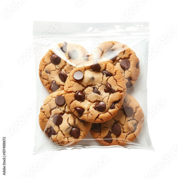 Fototapeta Delicious chocolate chip cookies packed in a clear bag, perfect for sharing or snacking.
