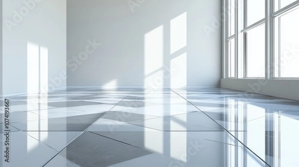 Fototapeta 3D rendering of a modern interior featuring a grey geometric tile floor where sleek silver squares form a clean reflective backdrop blending industrial chic with creative design