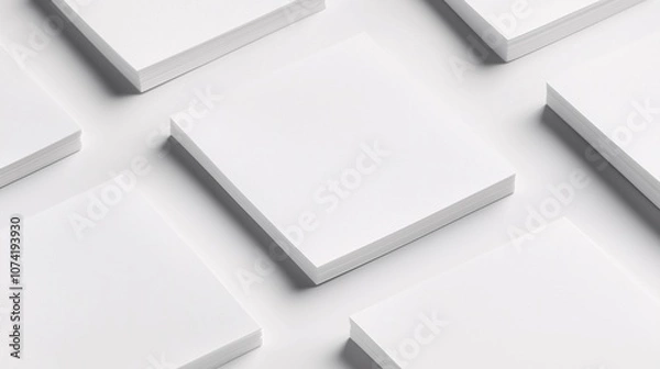 Fototapeta Isometric Blank Paper Note in Rows on White Floor, White Sticky Note Mockup