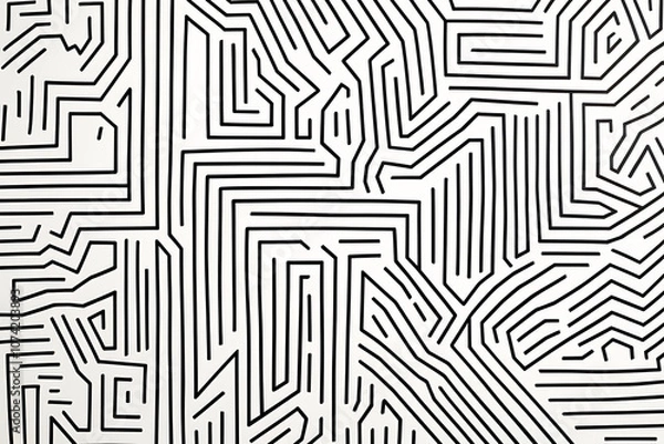 Fototapeta Intricate black and white maze pattern with winding lines, creating an abstract geometric background. Ideal for design projects, textures, and visual concepts.
