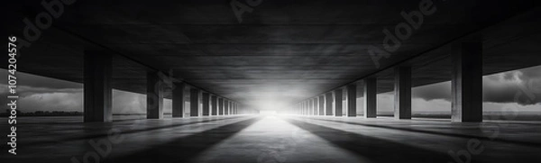 Obraz A dramatic black-and-white image capturing a light source illuminating the underside of a concrete structure, creating a mysterious and atmospheric perspective.