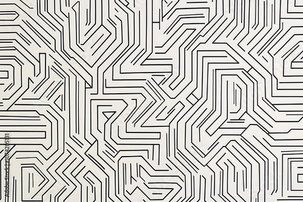 Obraz Intricate black and white maze pattern with winding lines, creating an abstract geometric background. Ideal for design projects, textures, and visual concepts.
