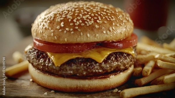 Fototapeta Delicious Cheeseburger with Crispy French Fries Close Up   Fast Food Meal