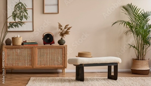 Fototapeta Ai Generate Interior design of korean style living room with modern chaise longue, commode, shelf, wooden cube, retro radio, plants and elegant personal accessories Mock up paintings on the beige wall