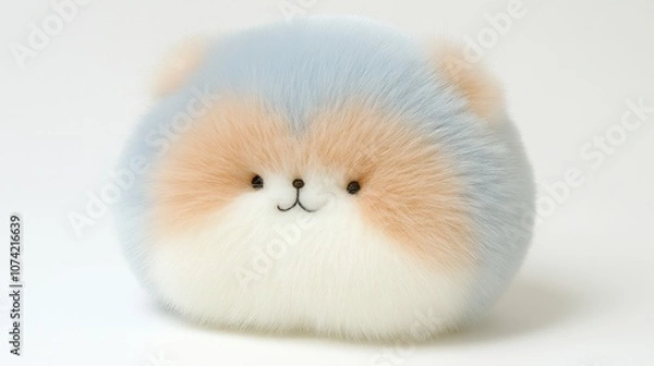 Obraz Cute Fluffy Plush Toy  Soft Stuffed Animal  Round Shape  White Background