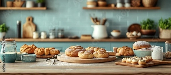 Obraz Freshly baked pastries on a wooden table in a kitchen setting.