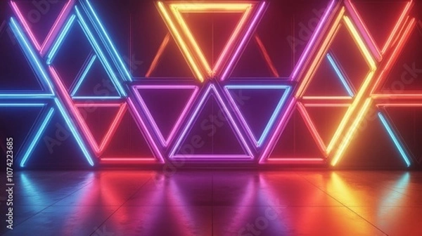 Obraz Vibrant LED stage setup featuring geometric triangular panels in pink and blue hues, modern event backdrop