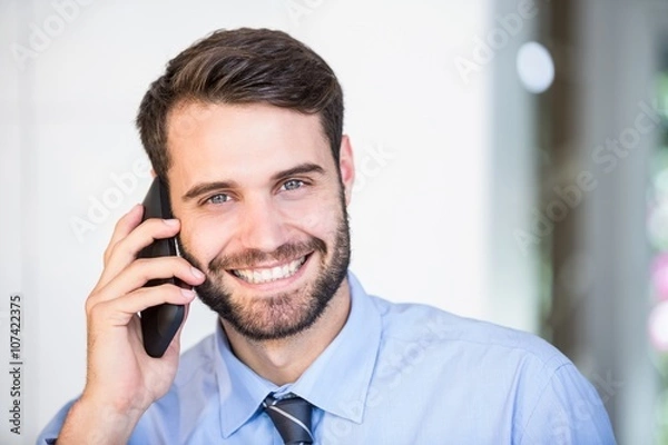 Fototapeta Portrait of happy businessman talking on mobile phone