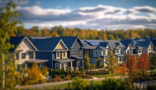 Obraz A row of houses with blue roofs and solar panels on a sunny day.