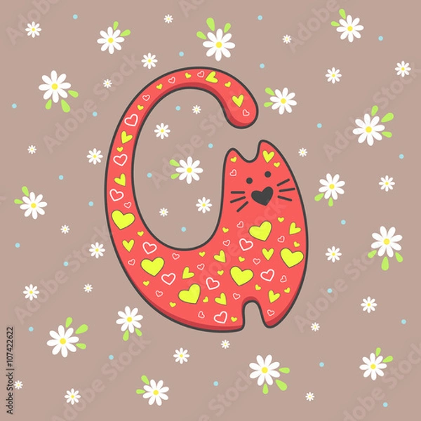 Fototapeta Vector illustration of red cat on background with flowers