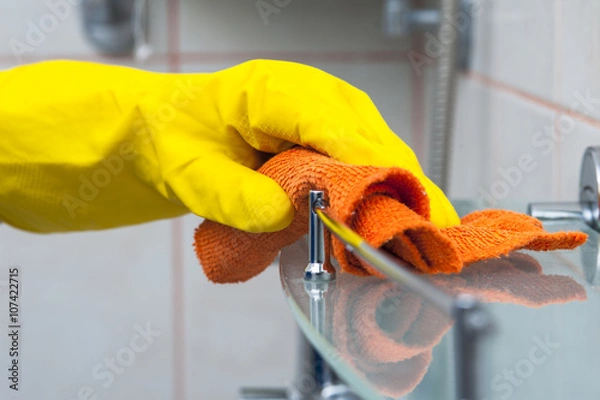 Fototapeta Closeup of woman's hand in yellow glove cleaning bath shelf
