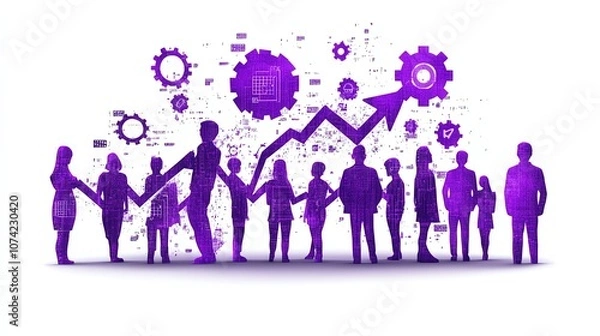 Fototapeta A group of business professionals collaborating while gears symbolize growth and teamwork in a corporate environment. on a white background