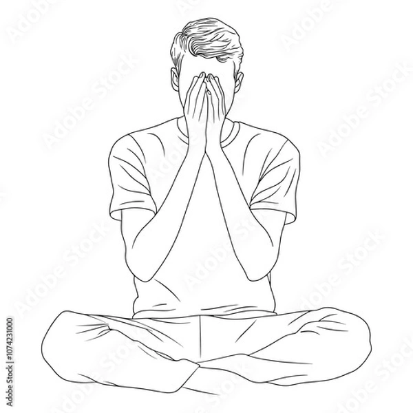 Fototapeta Person Meditating with Hands in Prayer Pose in Minimalist Line Art