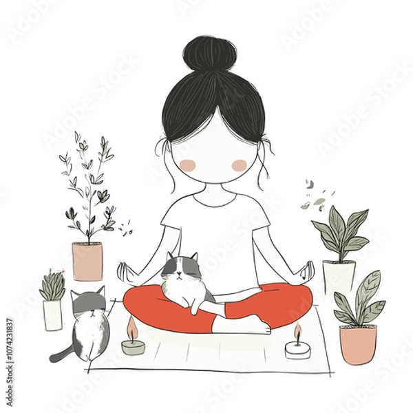Fototapeta Woman Meditating with Plants in Relaxing Home Environment