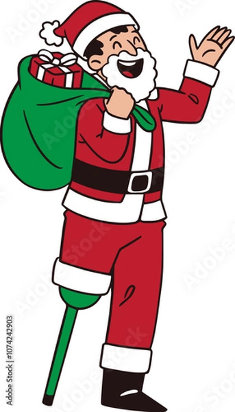 Fototapeta Character Illustration of a Disable Santa Claus with Prosthetic Leg, Christmas Cartoon Character